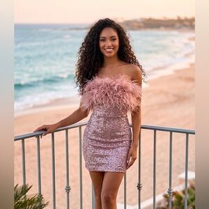 Blush Ostrich Feather Trim Strapless Sequin Mini Dress - NWT